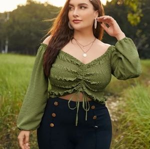 Plus Solid Shirred Drawstring Front Crop Top